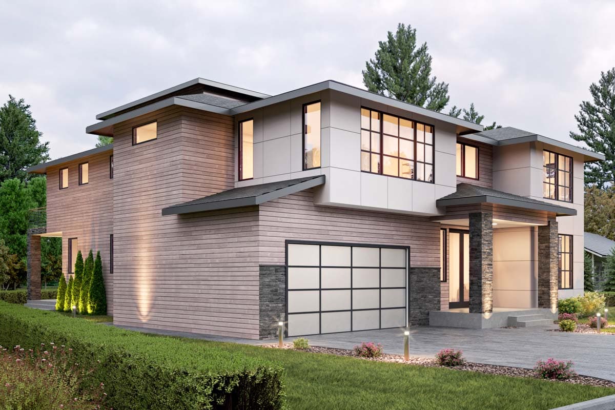 Modern two-story house plan exterior with horizontal siding, layered rooflines, large windows, and a three-car garage.