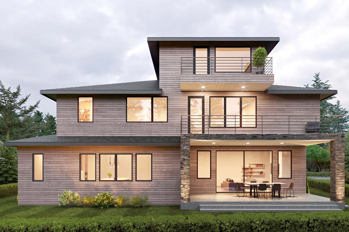Modern two-story house plan exterior with wood siding, multiple balconies, and a covered patio with stone columns.