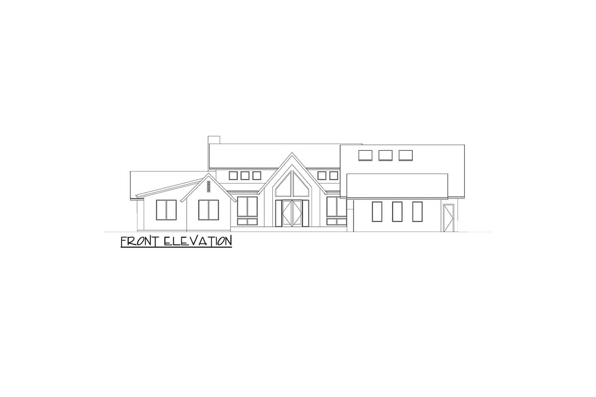 Front elevation drawing of a modern house with a prominent gable, large entry doors, and varied window configurations.