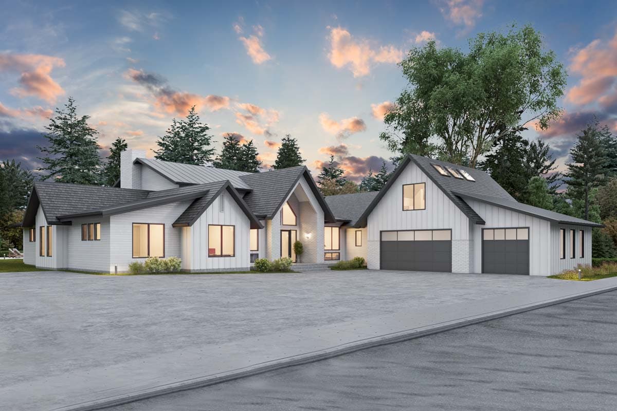 House plan exterior. Modern farmhouse style with gabled roof, dormers, and attached garage. Two stories with board and batten siding.