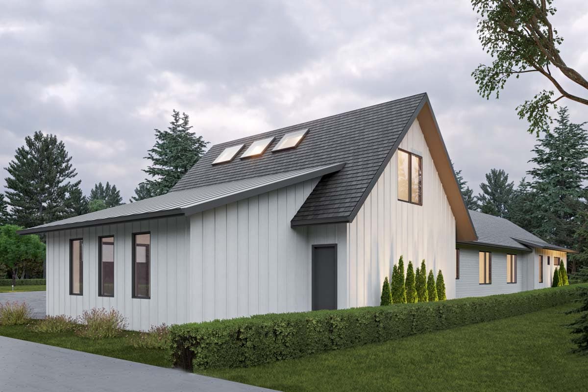 House plan exterior: Modern style with vertical siding, intersecting gables, and multiple skylights on the main roof.