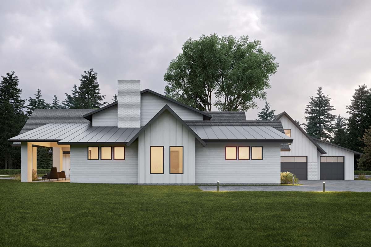 House plan exterior: Modern style, single-story with metal roof, prominent brick chimney, covered porch, and a three-car garage.