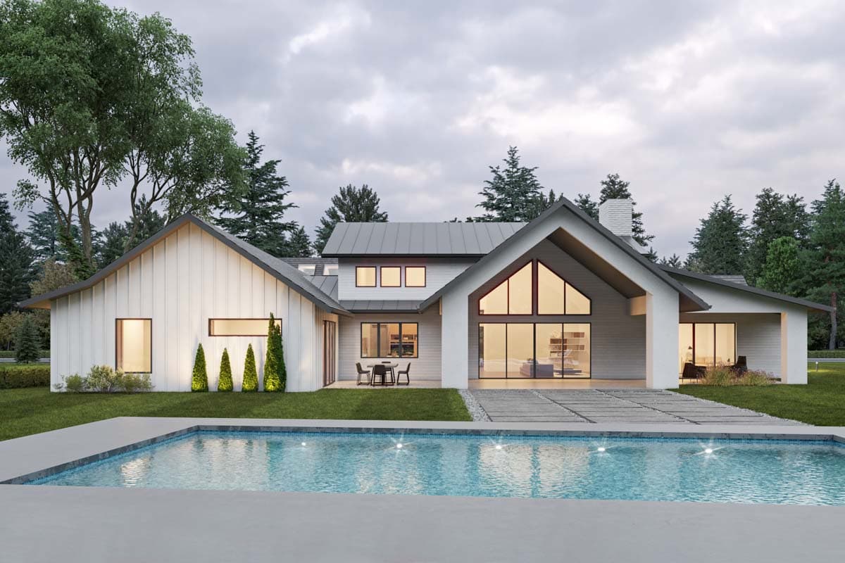 Modern house plan exterior with gabled rooflines, vertical siding, and expansive glass windows. Two stories visible.
