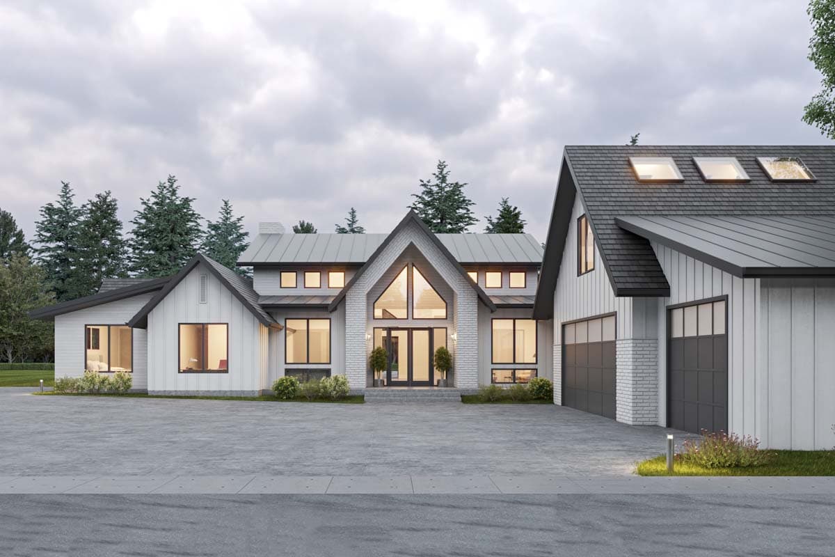 Modern house plan exterior with a pitched roof, large gabled entrance with tall windows, and a side-entry two-car garage.