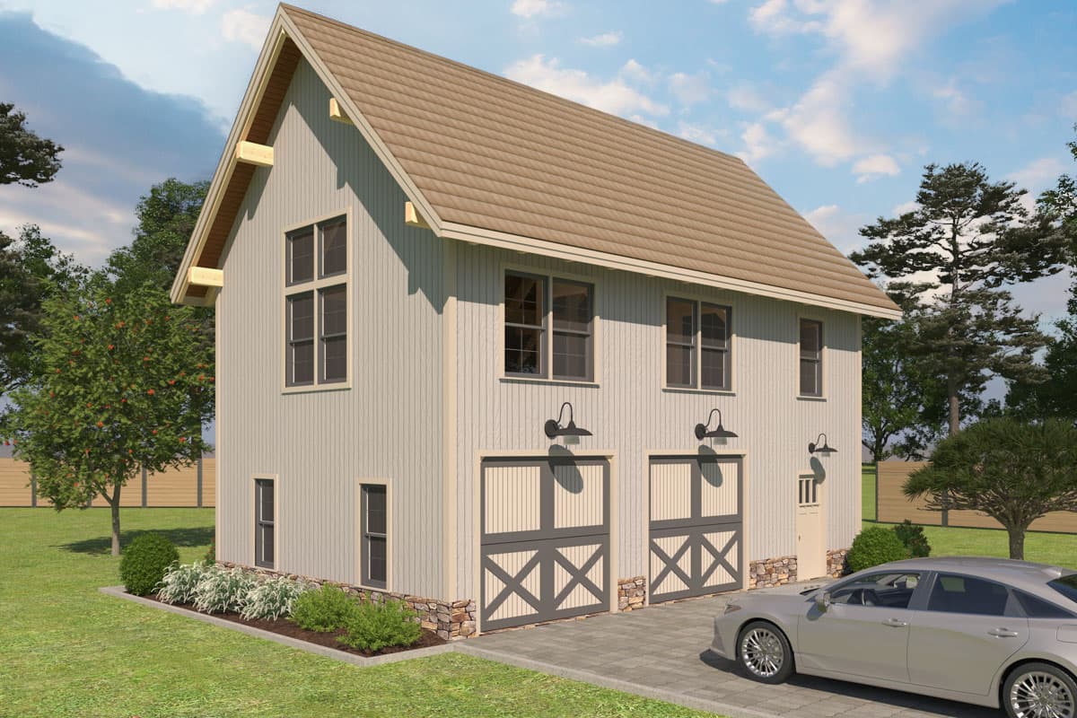 House plan exterior. Two-story structure with gable roof. Includes two garage doors with cross details, and dormer windows. Features stone facade.