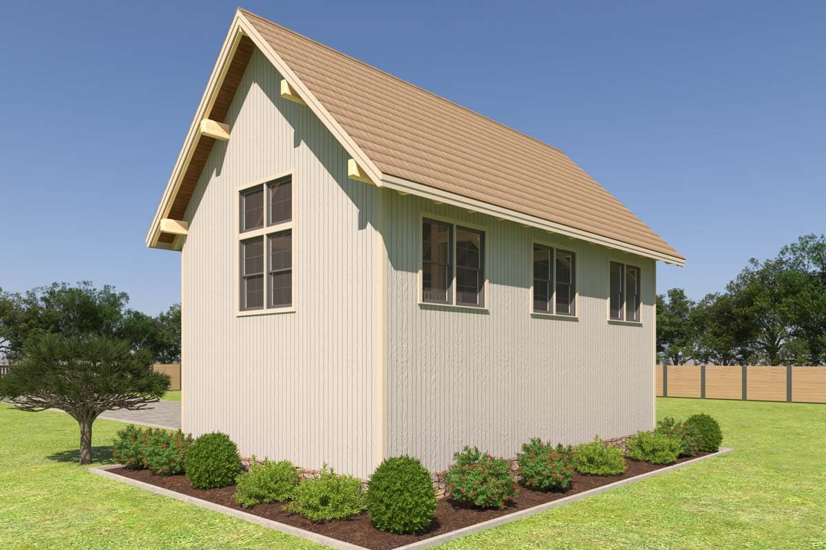 House plan exterior: Modern style, two stories, visible exposed rafters, and gable roof.
