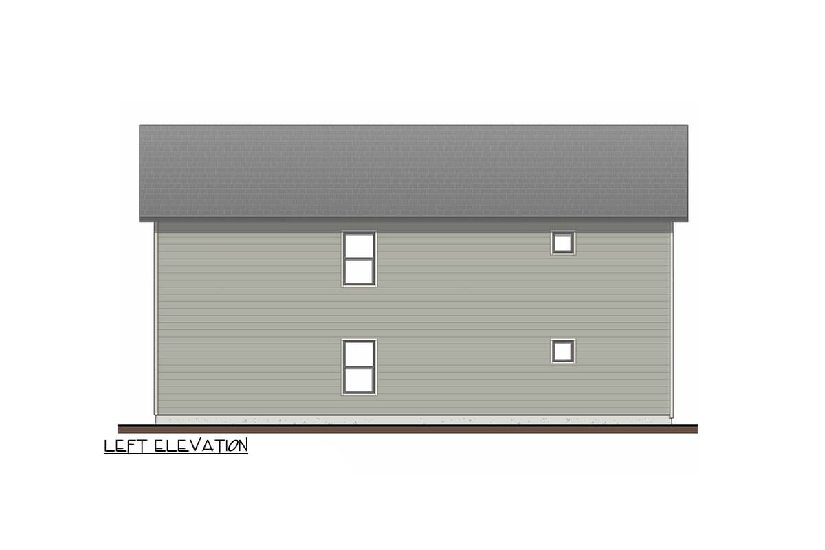 Left elevation drawing of a two-story house plan with horizontal siding and scattered square and rectangular windows.