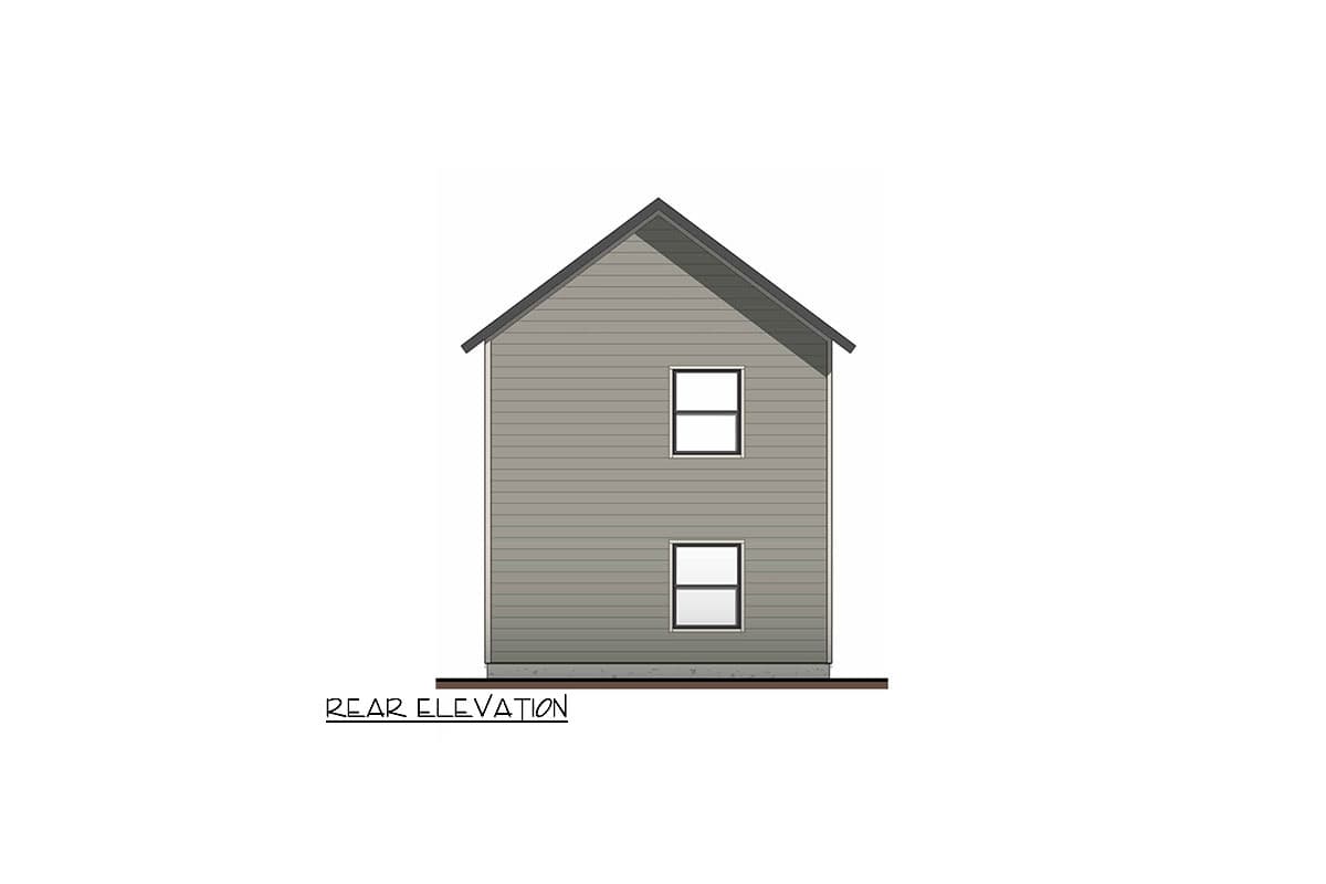 Rear elevation drawing of a two-story house with horizontal siding and two stacked windows.