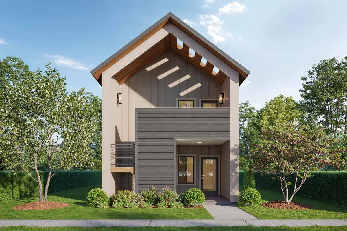 House plan exterior. Two-story Modern style with gable roof. Features include balcony with metal railing, vertical siding, and inset entrance.