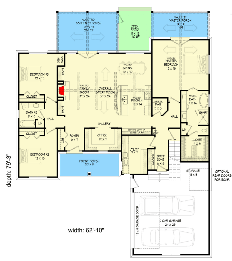 Plan 680236VR: Craftsman House Plan with Vaulted Interior and a Home Office - 2300 Sq Ft - Floor Plan - Main Level - Country, Craftsman, Traditional