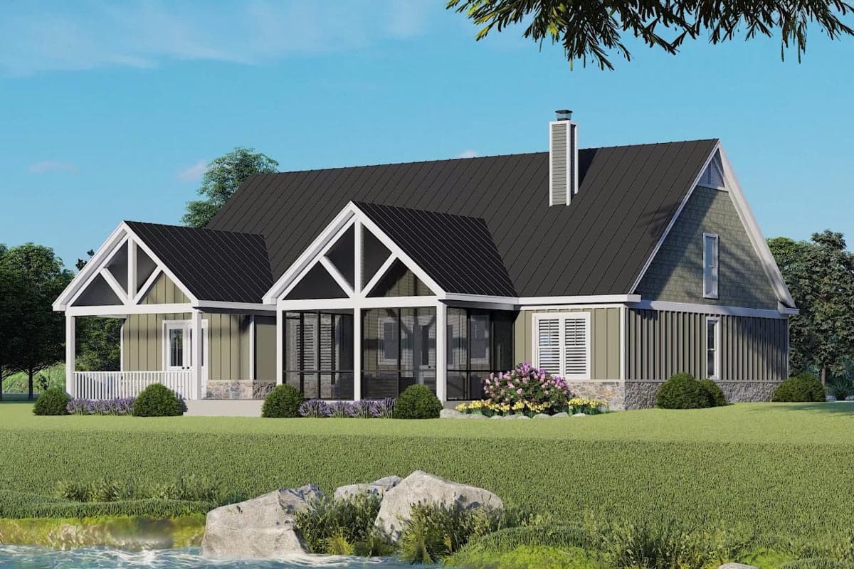 House plan exterior shows a one-story modern farmhouse with a metal roof, prominent gables, and a screened-in porch.