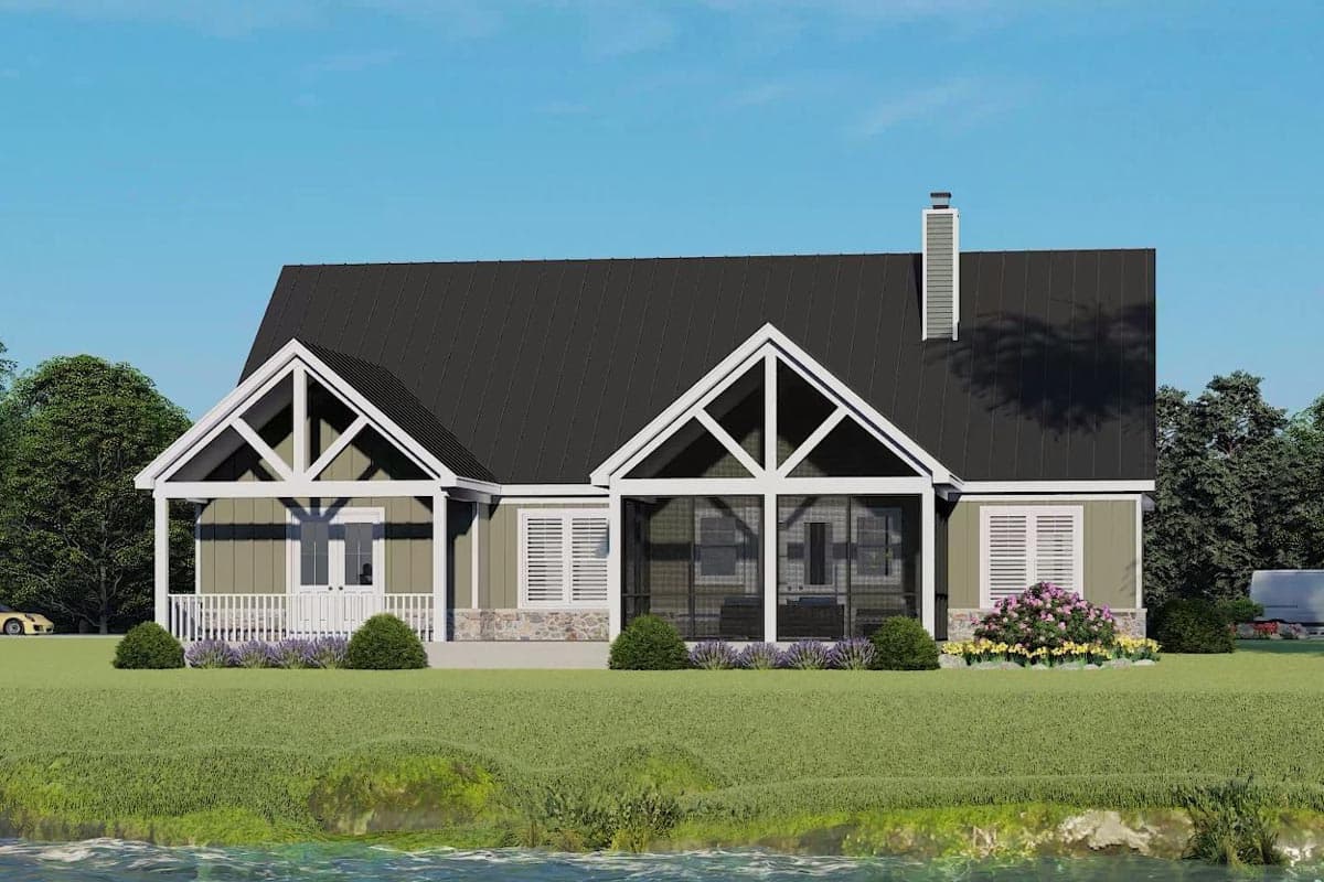 House plan exterior with gable rooflines, a covered porch, and a screened porch. Modern farmhouse style.