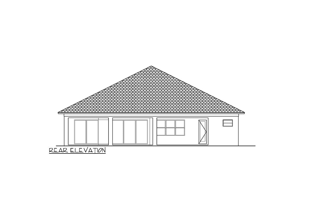 Rear elevation drawing of a single-story house plan featuring sliding glass doors, a multi-pane window, and a single door.