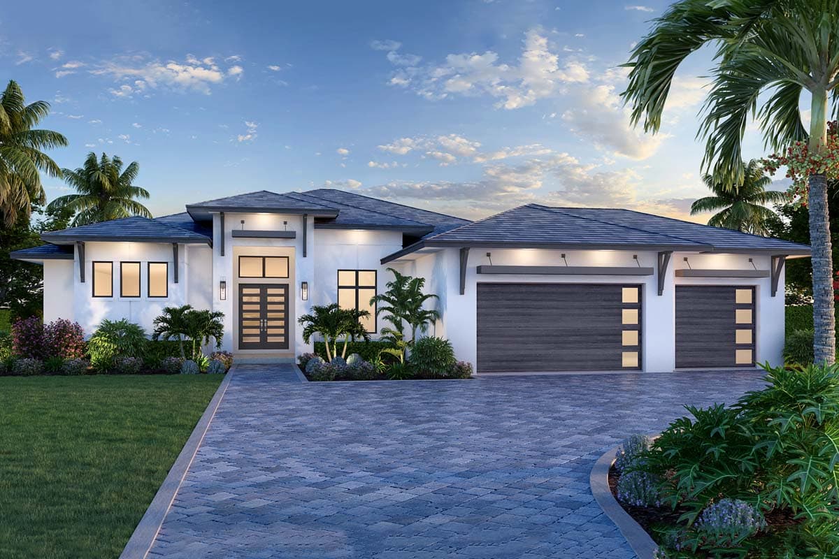 House plan exterior. Modern style, single-story home with flat rooflines, a two-car garage, and a covered entry.