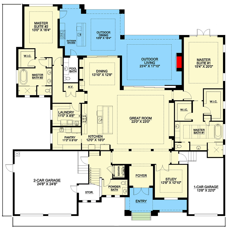 Plan 86130BW: 2-Story Coastal Contemporary House Plan with 2 Master Suites - 5570 Sq Ft - Floor Plan - Main Level - Coastal Contemporary, New American, Southern, Transitional