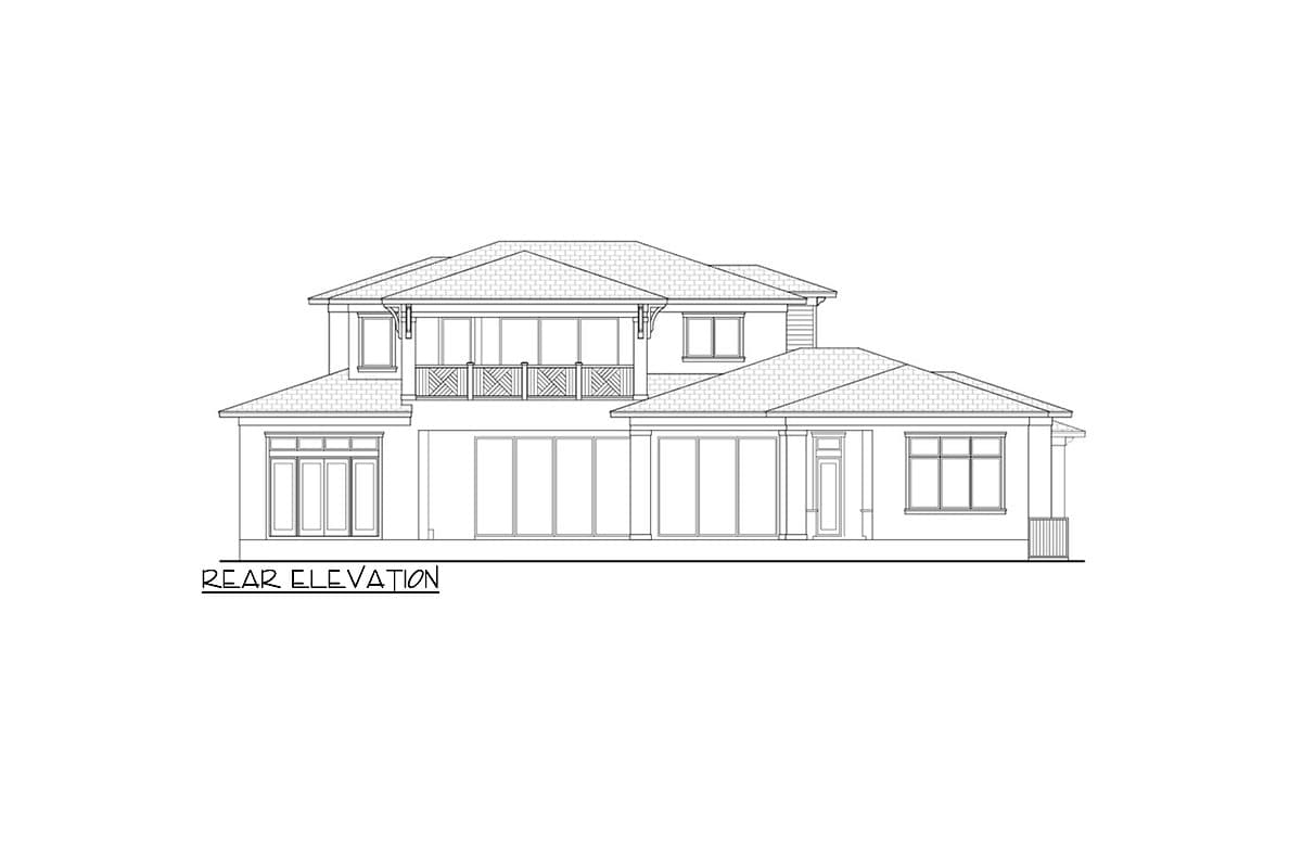 Rear elevation drawing of a two-story house plan with a second-story balcony and folding glass doors.