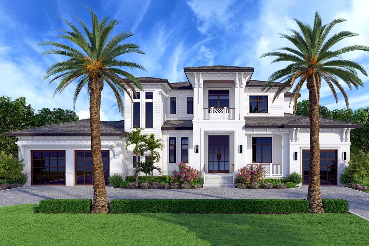 Two-story house plan exterior featuring a prominent entry, balcony, and garage with glass doors. Two palm trees flank the front elevation.