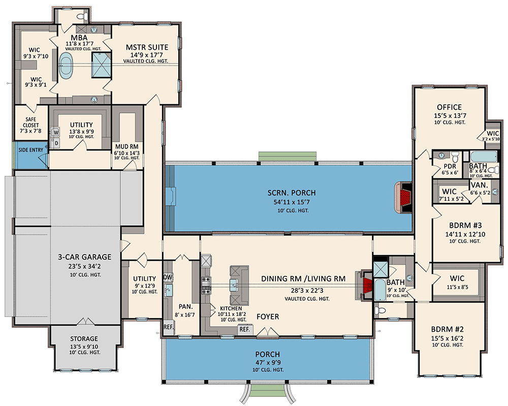 Plan 510250WDY: Classic Farmhouse Plan with Large Porches and a Home Office - 3765 Sq Ft - Floor Plan - Main Level - Country, Farmhouse, Modern Farmhouse, New American, Southern