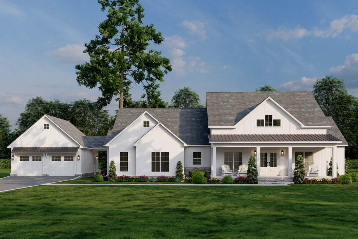 House plan exterior with Modern Farmhouse style. Features include a front porch, gables, and attached garage. Two-story with a gray shingle roof.