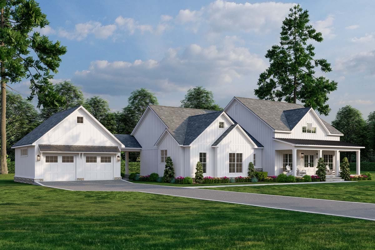 Modern Farmhouse house plan exterior with a three-car garage, covered front porch, and multiple gables.