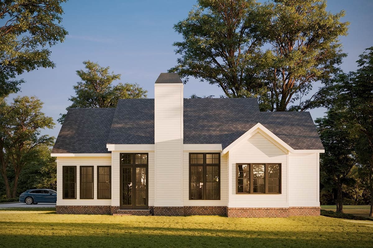 House plan exterior of a single-story modern farmhouse with a central chimney, gabled roof, and brick foundation.