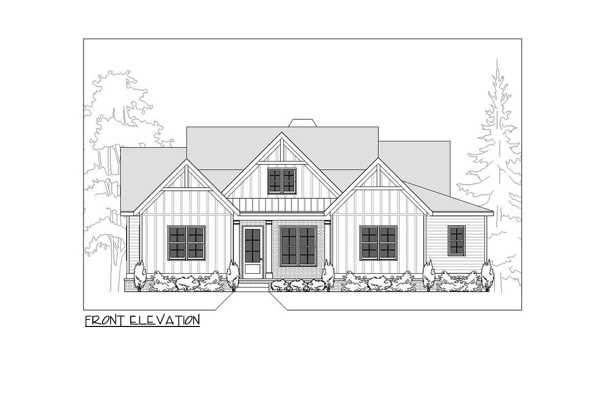 Front elevation drawing of a one-story house with multiple gables, a covered entry, and large windows.