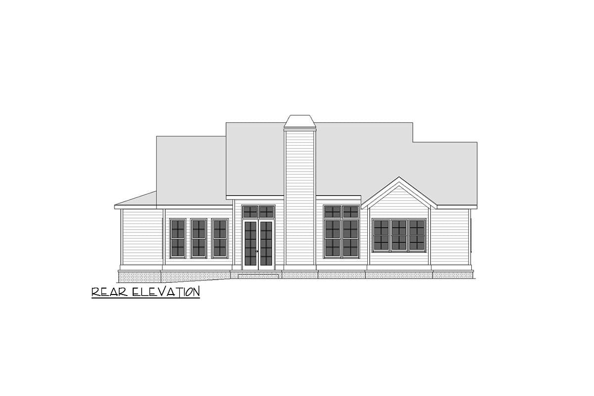 Rear elevation drawing of a house plan featuring a central chimney, multiple windows, and horizontal siding.