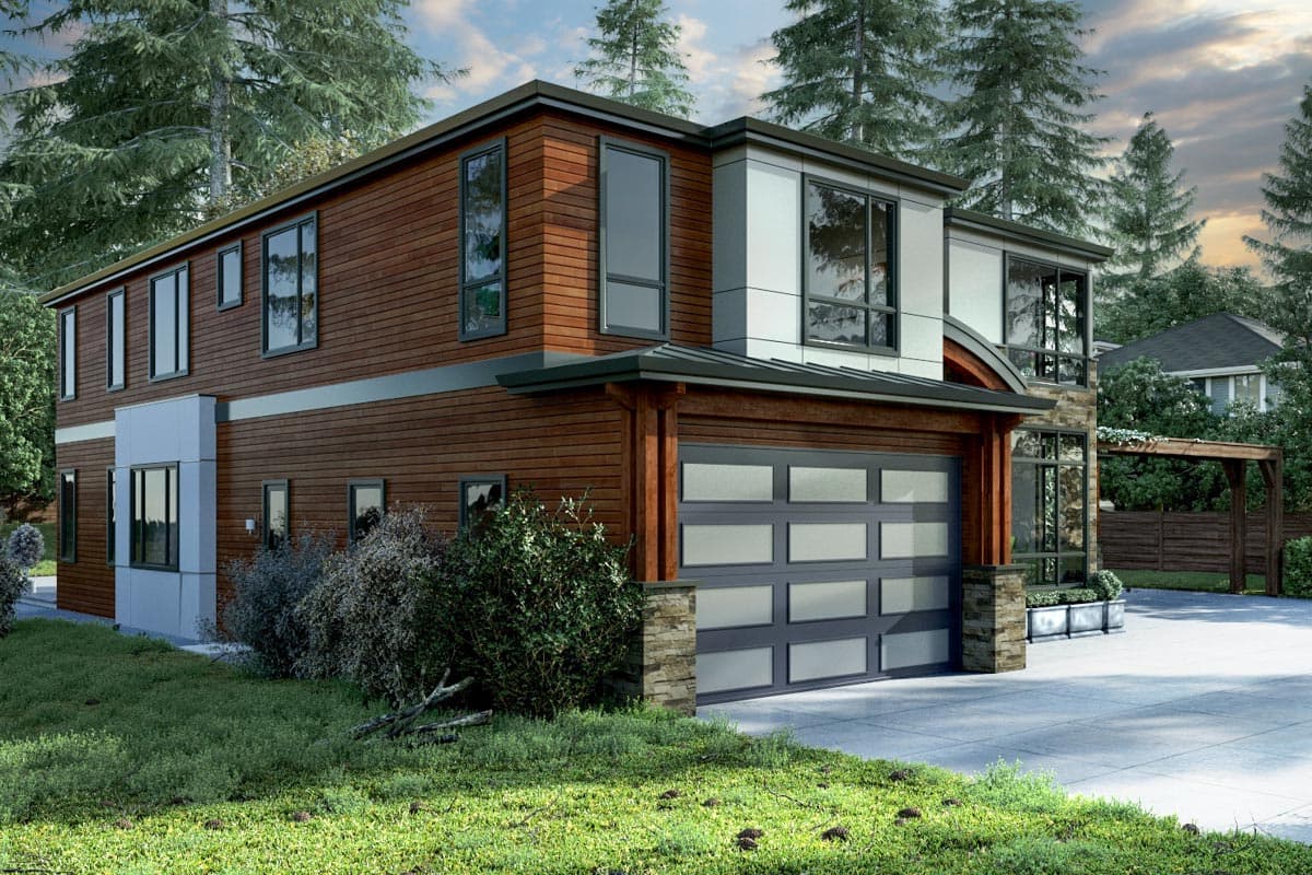 Modern two-story house plan exterior with horizontal wood siding, large windows, flat roof, and attached two-car garage.