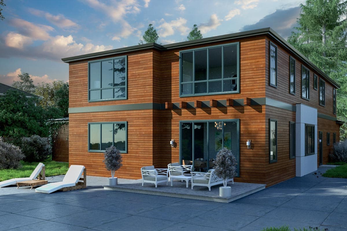 Modern two-story house plan exterior with wood siding, large windows, and a patio with outdoor furniture.