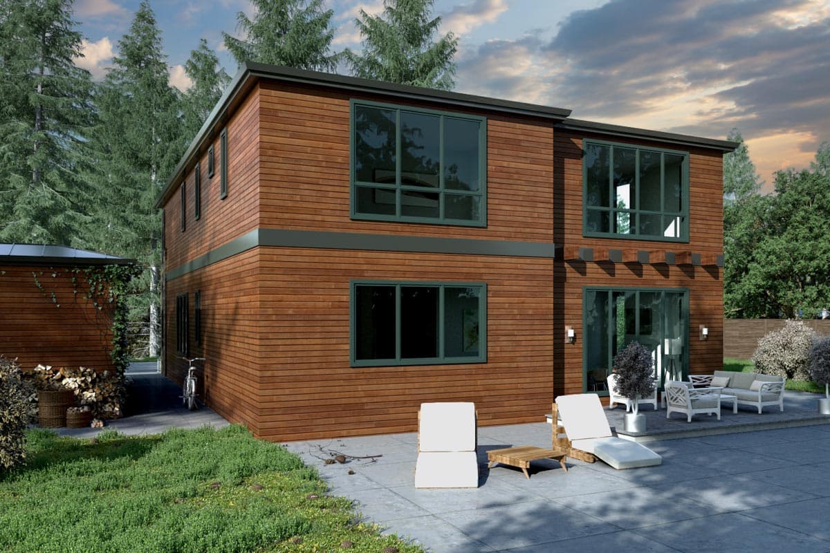 Two-story modern house plan with horizontal wood siding, large dark-framed windows, and a flat roof.