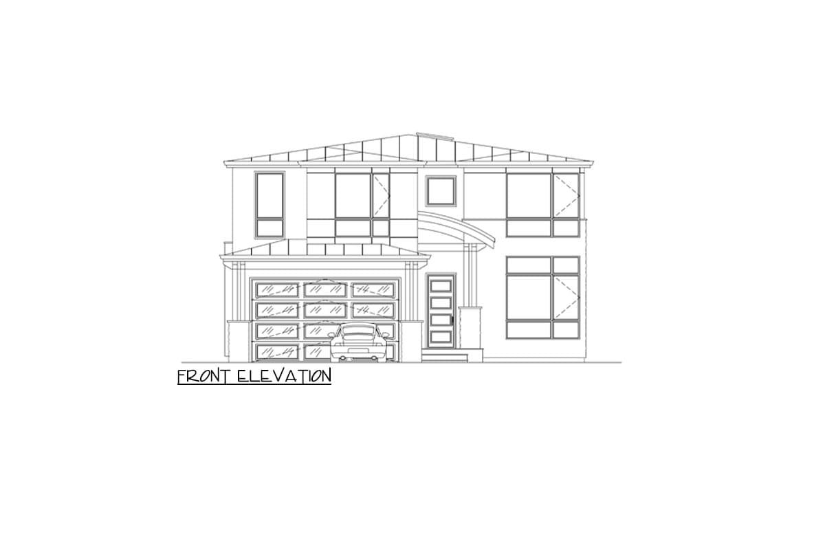 Front elevation drawing of a two-story house with a hip roof, large windows, and attached two-car garage.