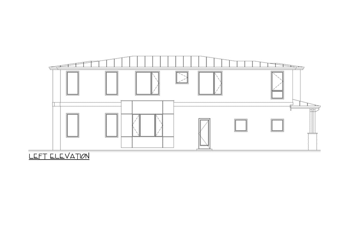Left elevation drawing of a two-story house plan showing various window placements and a covered porch.