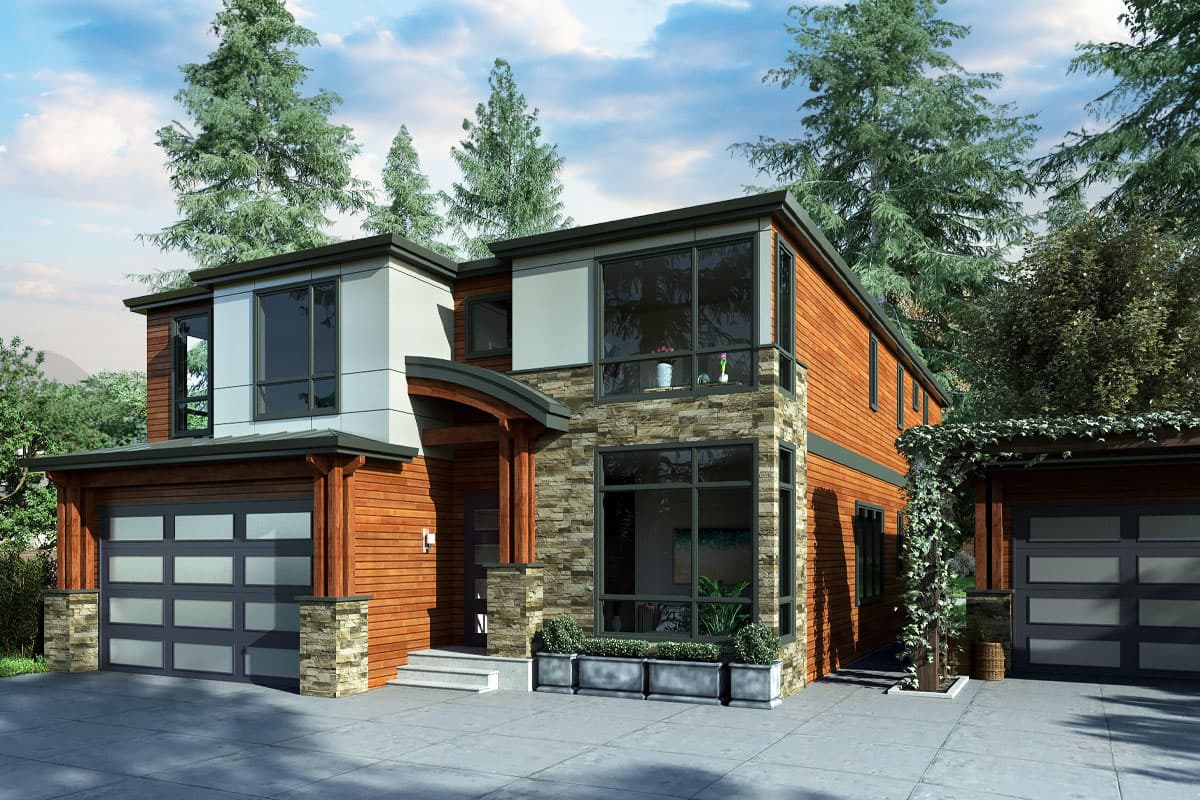 House plan exterior. Modern style, two-story home with wood siding, stone facade, flat roof, and attached garage. Includes a covered entryway.