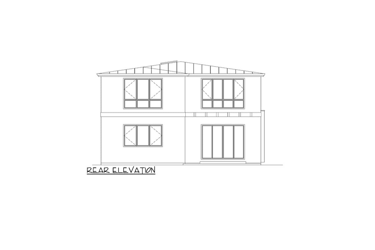 Rear elevation drawing of a two-story house with a hipped roof, upper multi-pane windows, and lower windows with a sliding glass door.