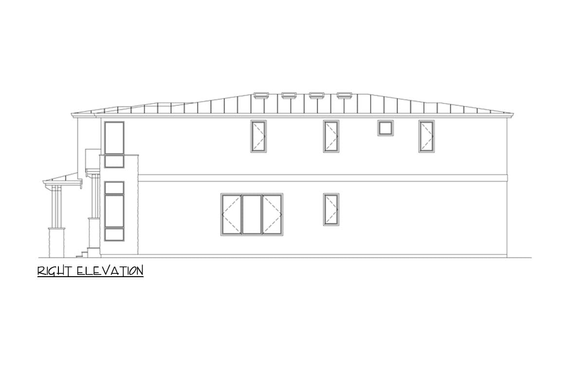 Right elevation drawing of a two-story house with a hip roof, multiple skylights, a covered porch, and various window configurations.
