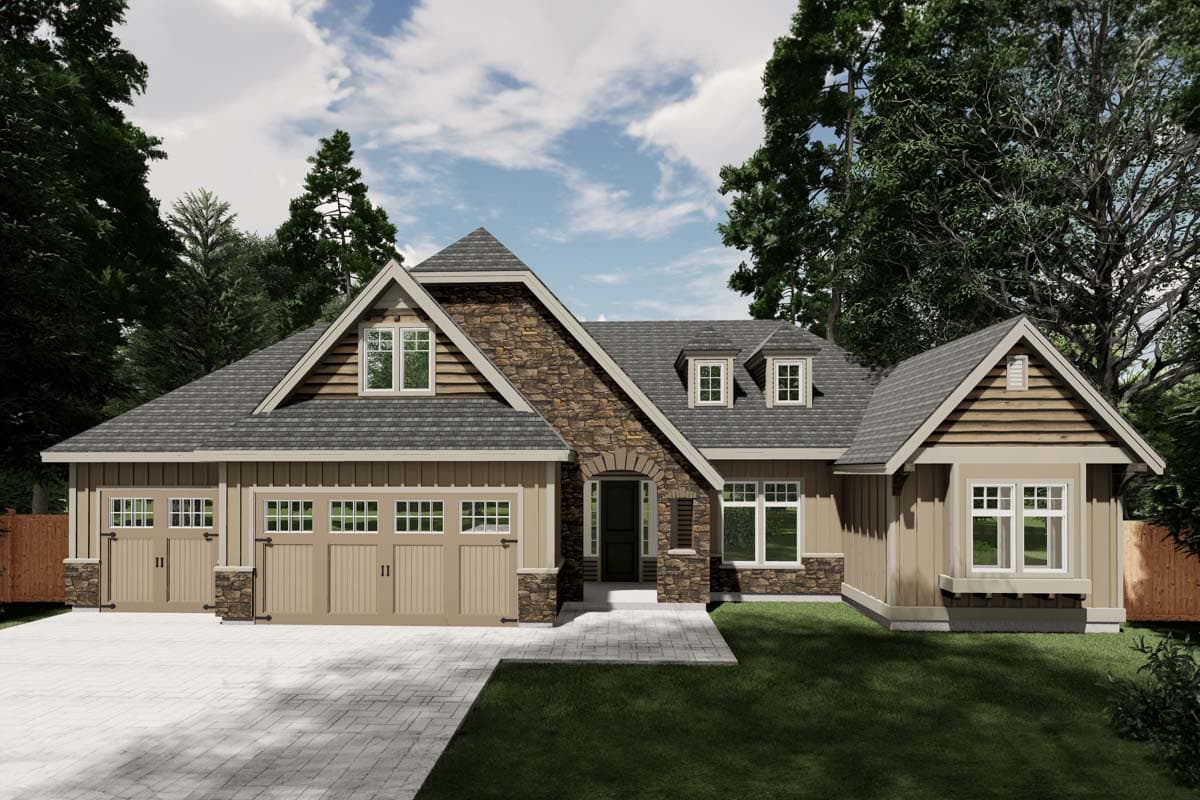 House plan exterior featuring Craftsman style, two stories, gable roof, stone accents, dormers, and attached garage with carriage-style doors.