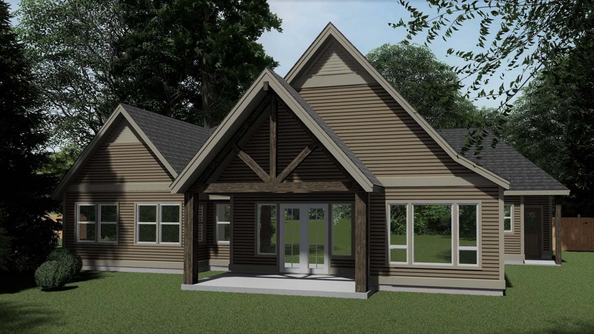 House plan exterior: Single-story home with exposed timber porch supports, gables, and horizontal siding.