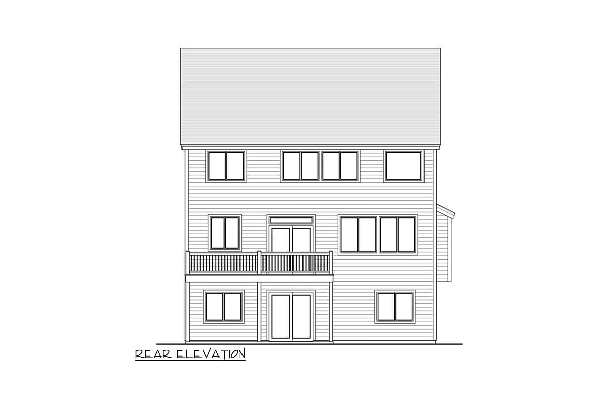 Rear elevation drawing of a three-story house plan with horizontal siding, multiple windows, and a second-story deck.