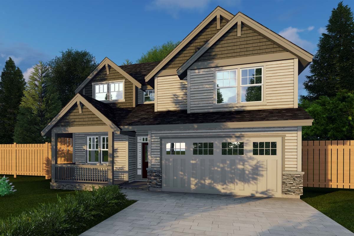House plan exterior. Two-story Craftsman home with gabled roof, front porch, and attached garage. Stone accents on the facade.