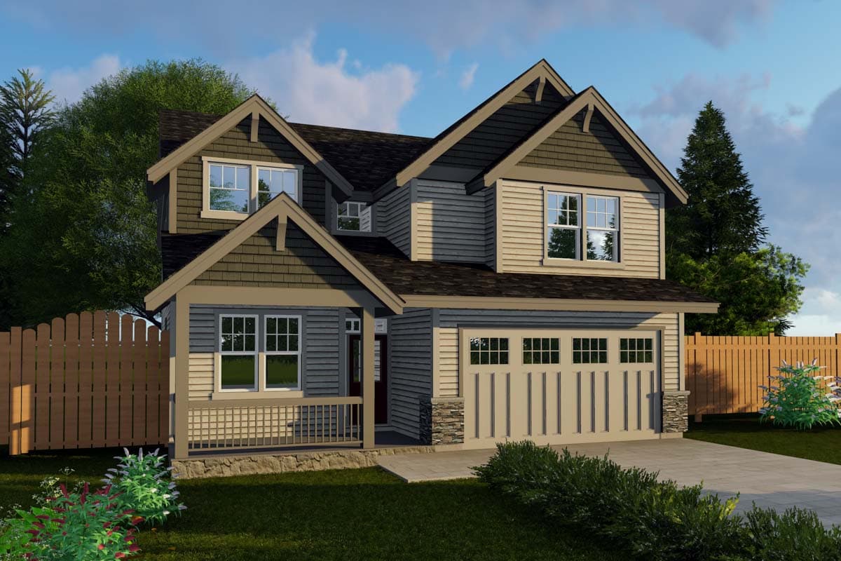 Craftsman style house plan exterior with a covered front porch, gabled dormers, horizontal siding, and a two-car garage.