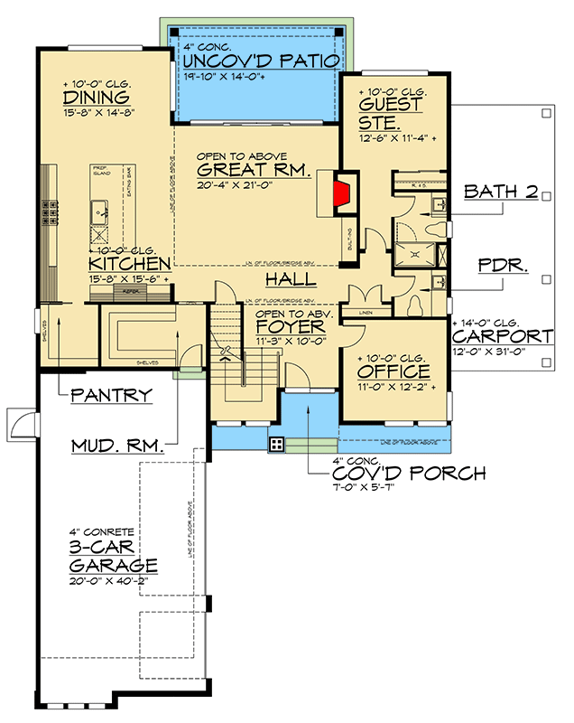 Plan 666253RAF: 2-Story Modern House Plan with 3-Car Garage and 1-Car Carport - 3967 Sq Ft - Floor Plan - Main Level - Contemporary, Modern, Northwest, Prairie
