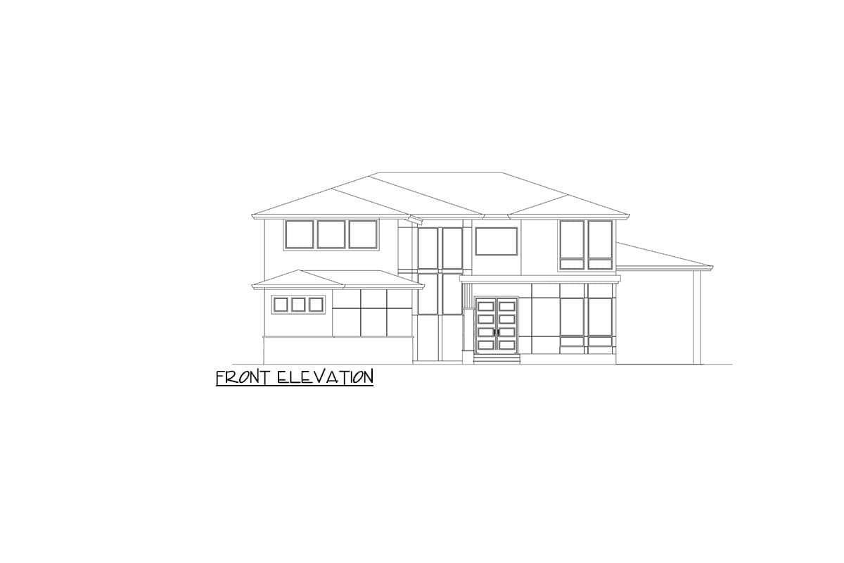 Front elevation drawing of a two-story house with a prominent gable, multiple window configurations, and an entryway with glass doors.