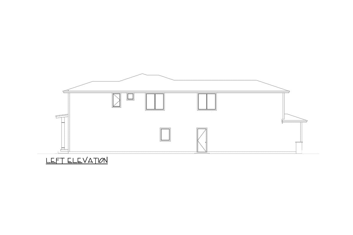 Left elevation drawing of a two-story house with multiple windows and a covered entryway.