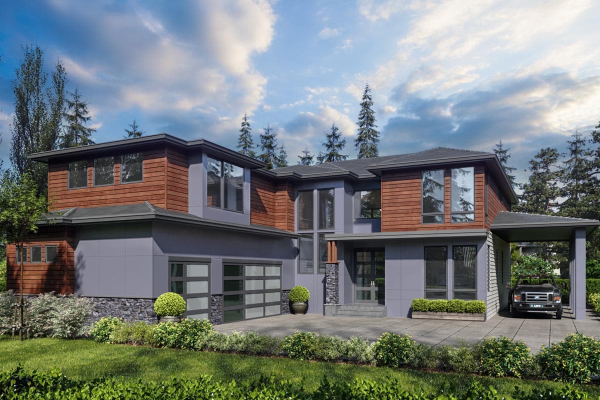 Modern house plan exterior with wood siding, gray stucco, stacked stone accents, large windows, and a two-car garage.