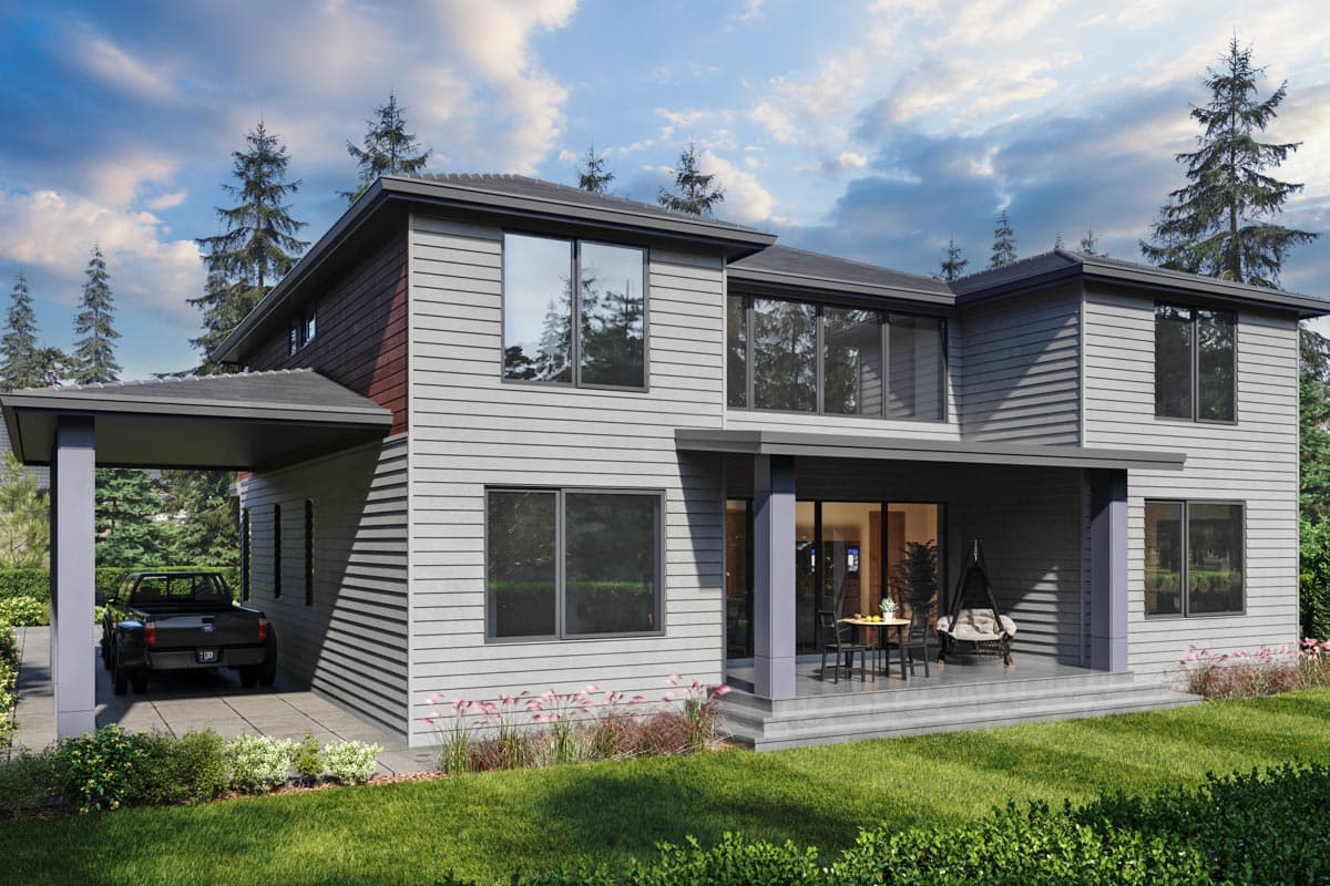 Modern two-story house plan exterior with a covered carport, gray siding, dark trim, and a main-level covered patio.