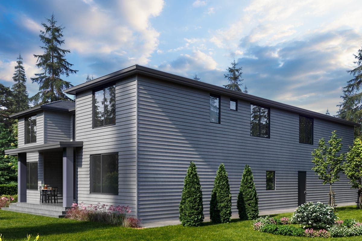 Two-story house plan exterior with a covered front porch, horizontal siding, and dark-framed windows.
