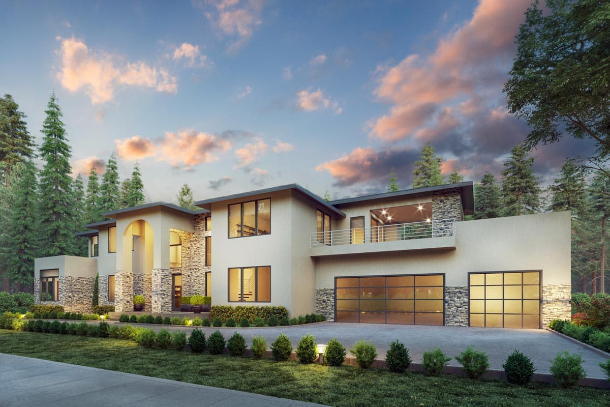 Modern house plan exterior with stone accents, flat rooflines, balconies, and a three-car garage.