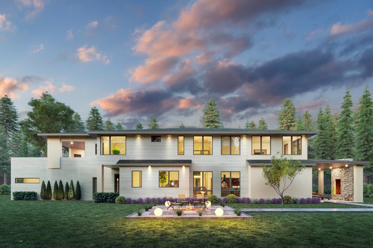 Modern house plan exterior with large windows, flat rooflines, and covered stone patio with fireplace.