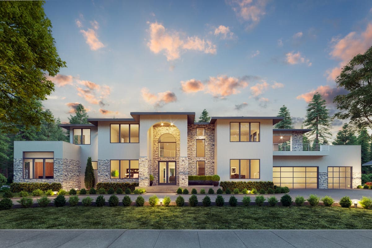 Modern two-story house plan exterior with stucco and stone facade, arched entryway, multiple gables, and glass garage doors.