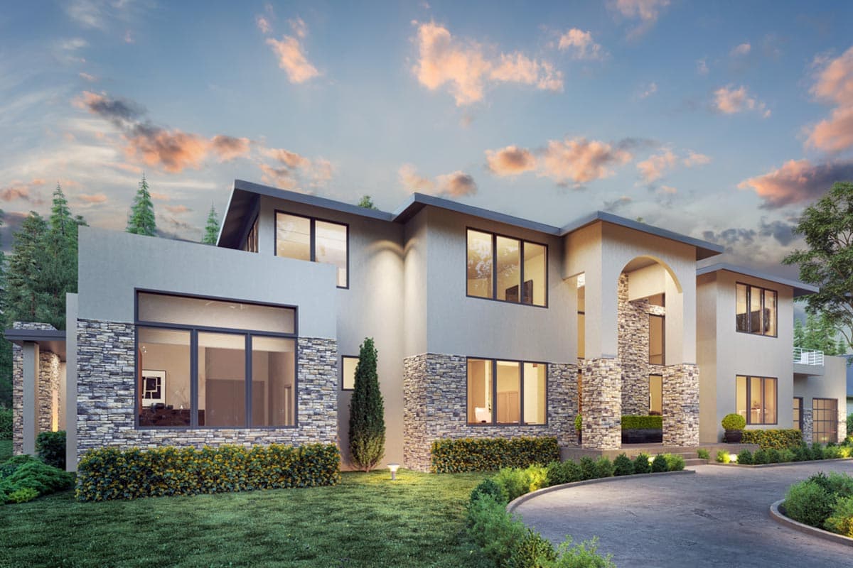 House plan exterior. Two-story Modern house with flat roof, stone facade accents, and large windows. Includes arched entry and an attached garage.